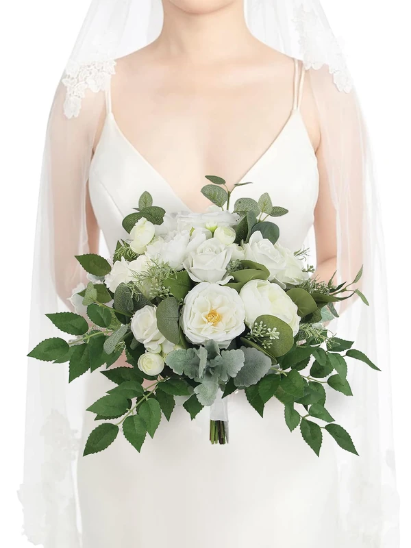 Rinlong 13" White Green Bridal Bouquet, Silk Wedding Bouquet for Bride