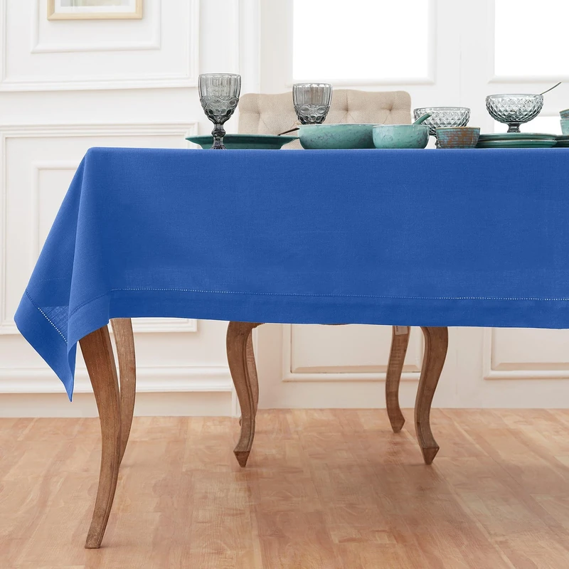 Solino Home Royal Blue Linen Tablecloth 60 x 144 Inch - 100% Pure Linen Hemstitch Table Cloth for Rectangle Tables - Classic Hemstitch, Machine Washable Tablecloth for Summer