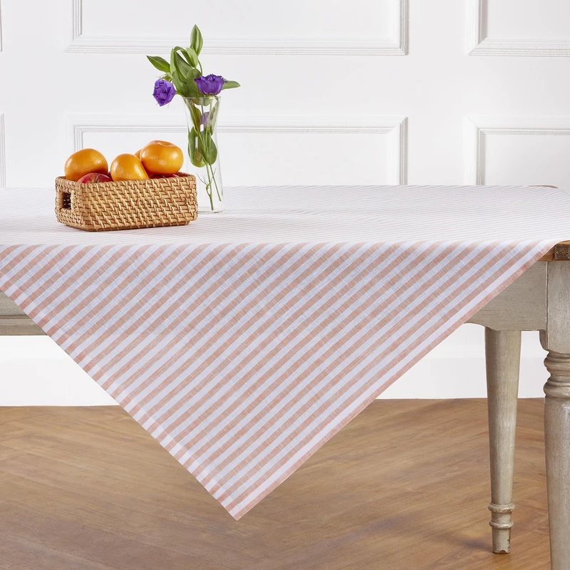 Solino Home 100% Linen Table Cloth, Throw, 52 x 52 in, Coral, Amalfi Stripe