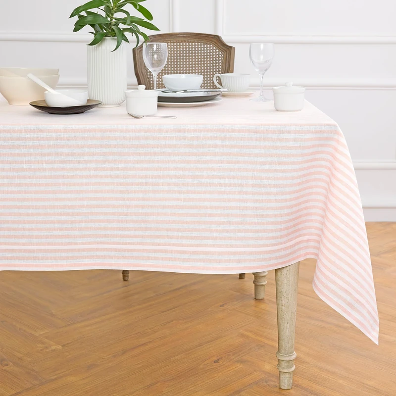 Solino Home 100% Pure Linen Tablecloth, 60 x 132 in, Coral and White Stripe