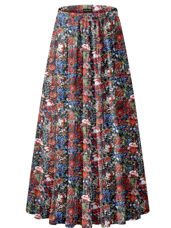 NASHALYLY Women's Chiffon Elastic High Waist Pleated A-Line Flared Maxi Skirts, Floral1, XL