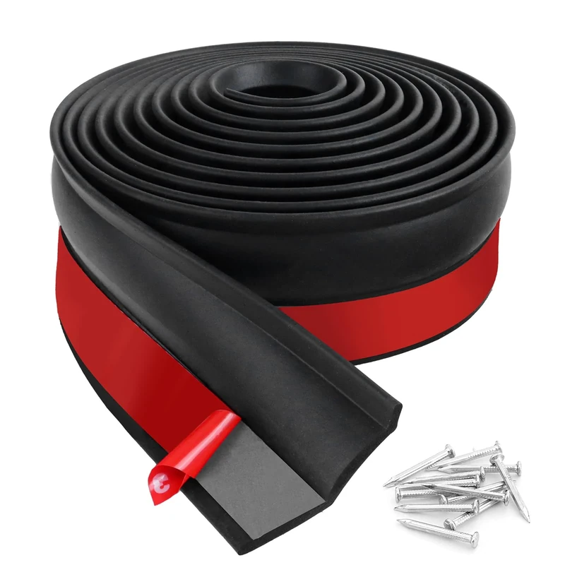 Universal Garage Door Seal, Garage Door Bottom Seal Strip, Garage Weather Strip Self-Adhesive Garage Door Draught Excluder with Nails Waterproof (Black, 3M)