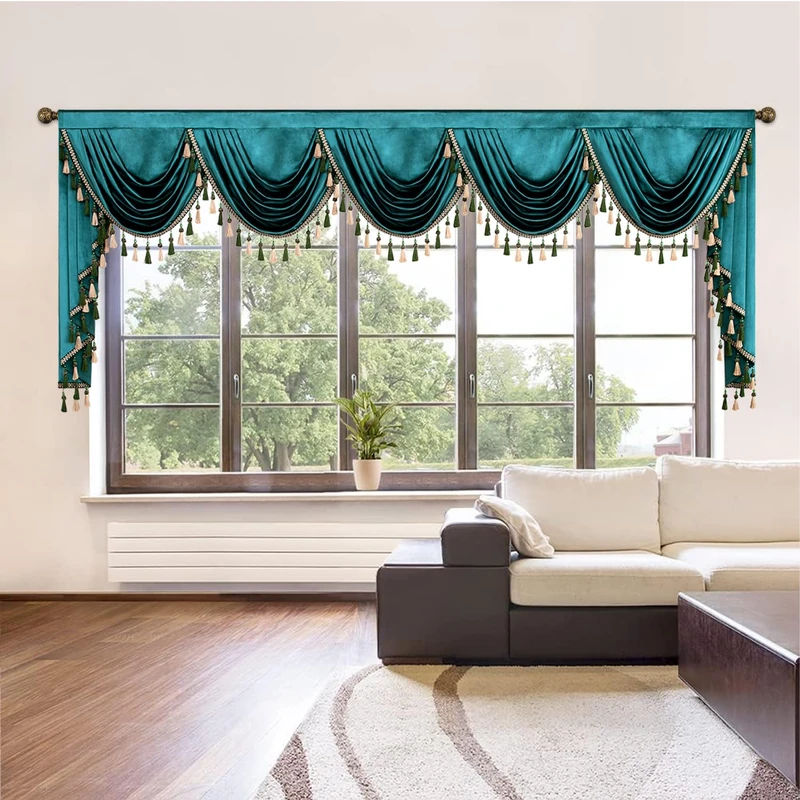 VOGOL Luxury Velvet Waterfall Valances for Bedroom, European Style Rod Pocket Swag Valance for Living Dining Room Banquet Decorations, 1 Panel, Green, W138