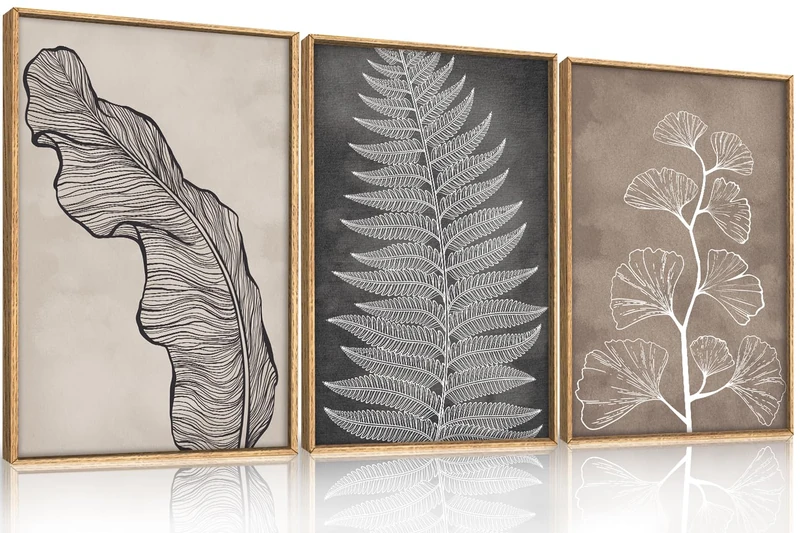 HLNIUC Botanical Neutral Framed Wall Art Set, Abstract Fern Leaf Canvas Wall Decor, Vintage Rustic Plant Wall Painting, Black Beige Nature Art Print for Living Room, Bedroom, Office - 24"x36"x3