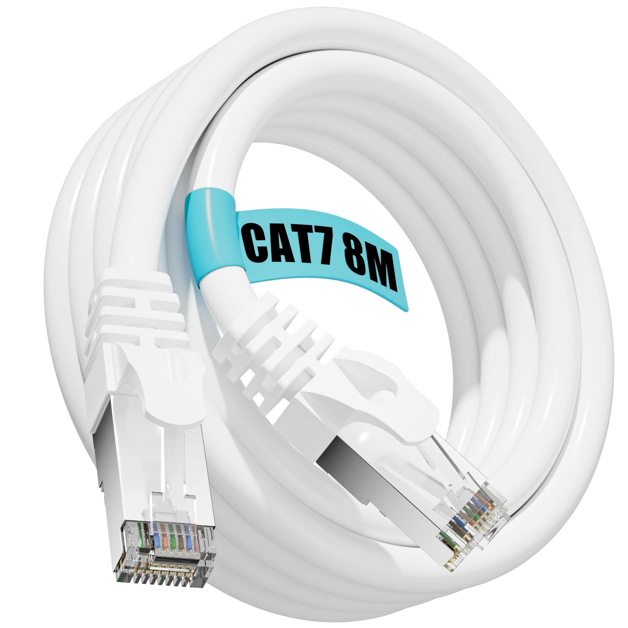 Ethernet Cable 8m, Cat 7 Internet Cable White High Speed, Network Cable Shielded, Wifi Cables 24AWG, Internet Cable , Patch Cables RJ45, LAN Cable Indoor, Wlan Cables for Router Modem - 600MHz 10Gbps