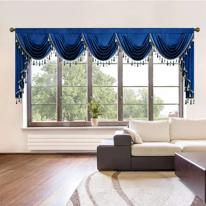 VOGOL Blue Velvet Valance for Kitchen Windows, Soft Touch Waterfall Valance with Luxury Tassels, Solid Window Treatments for Home Office, Rod Pocket, 1 Panel, W138 Inches