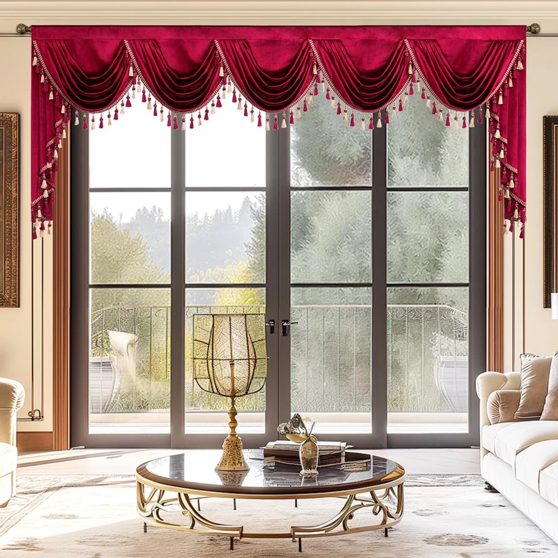 VOGOL European Style Waterfall Valances for Windows, Super Soft Velvet Valance with 5 Swags, Burgundy Red Solid Window Treatment for Living Room Sliding Door, 138 Inches Wide, 1 Panel