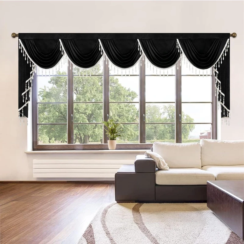 VOGOL Black Waterfall Valances for Living Room, Luxury Vintage Style Valance Curtains with Handmade Tassels, Rod Pocket Swag Curtain for Bedroom Bay Window, W138 Inches, 1 Panel