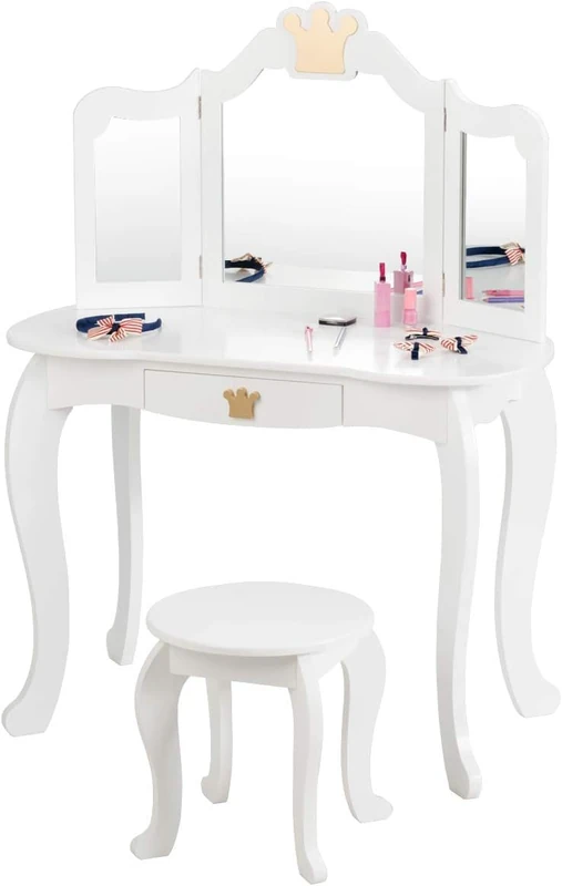 FANTASK Children's Wooden Make-Up Table with Stool in White, Children's Table with Drawer and Removable Mirror