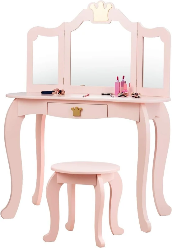FANTASK Children's Wooden Make-Up Table, Girls' Dressing Table with Stool in Pink, Children's Table with Drawer & Removable Mirror