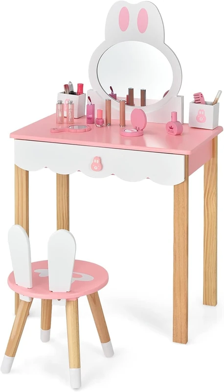 FANTASK Children's Dressing Table with Stool, Princess Dressing Table in Pink and White, Dressing Table with Mirror Drawers & Storage Box for Girls - Image 1