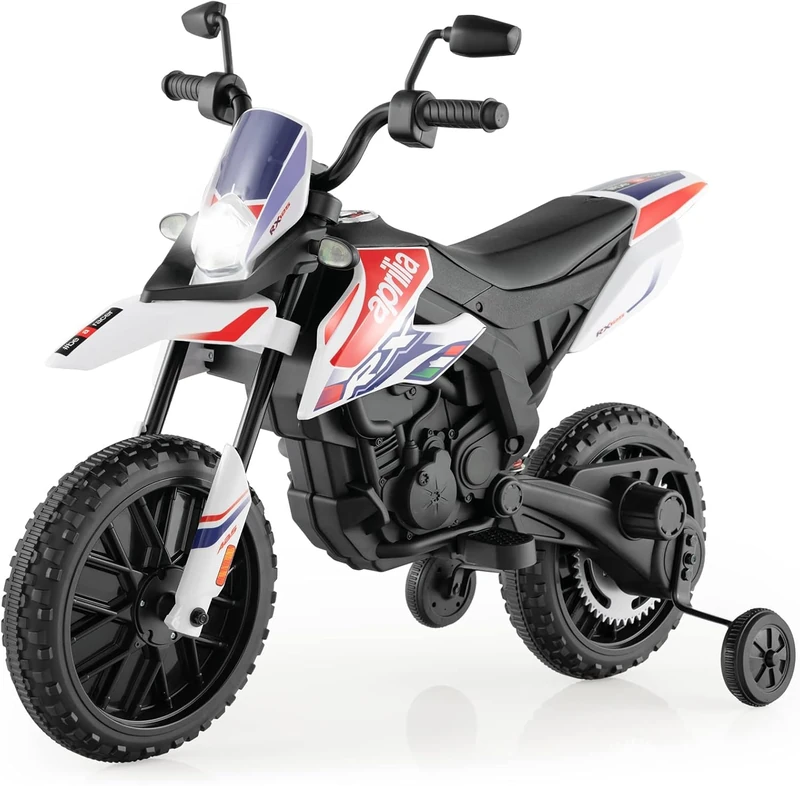 FANTASK Aprilia 12 V Electric Motorcycle for Children 5.5-6 km/h, Children's Motorcycle with Stabilisers & Music & Headlights, Black and White Motorcycle for Children from 3 to 8 Years
