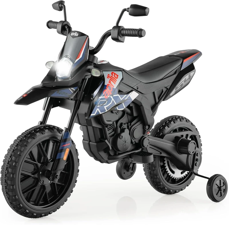 FANTASK Aprilia 12V Electric Motorcycle for Children 5.5-6 km/h, Children's Motorcycle with Stabilisers & Music & Headlights, Blue and Black Motorcycle for Children from 3 to 8 Years