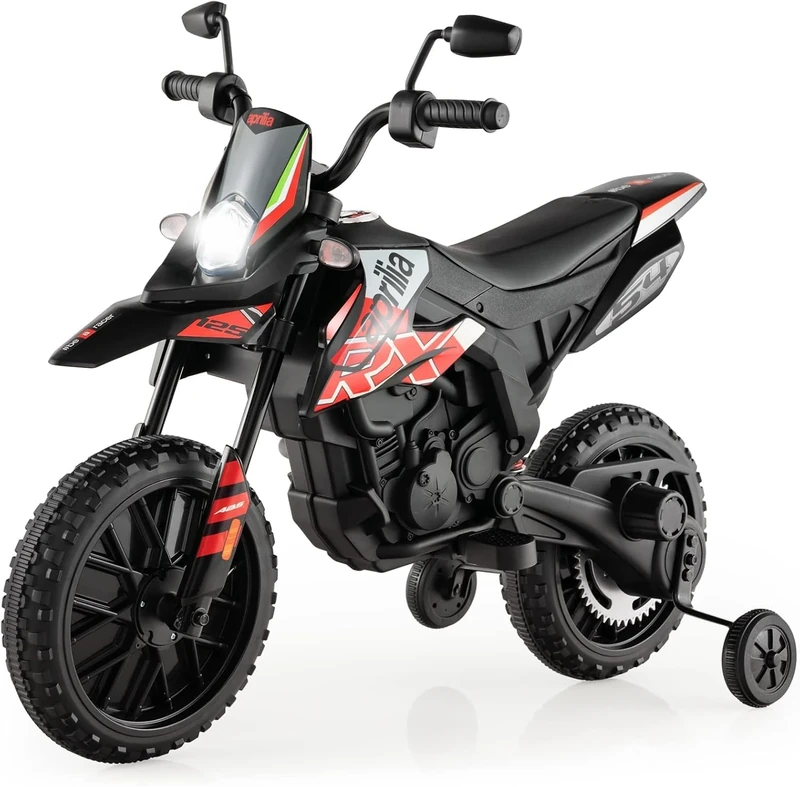 FANTASK Aprilia 12V Electric Motorcycle for Children 5.5-6 km/h, Children's Motorcycle with Stabilisers & Music & Headlights, Red and Black Motorcycle for Children from 3 to 8 Years