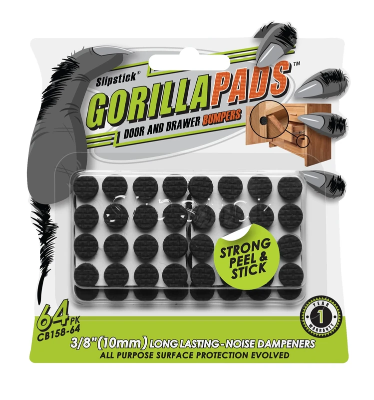 Slipstick GorillaPads Premium Cabinet Door Bumpers 10mm Round Adhesive Rubber Bumpers, Cabinet Stoppers, Bumpers for Drawers, Cupboards, Cutting Boards, Glass Tops, Picture Frames, 64 Dampers