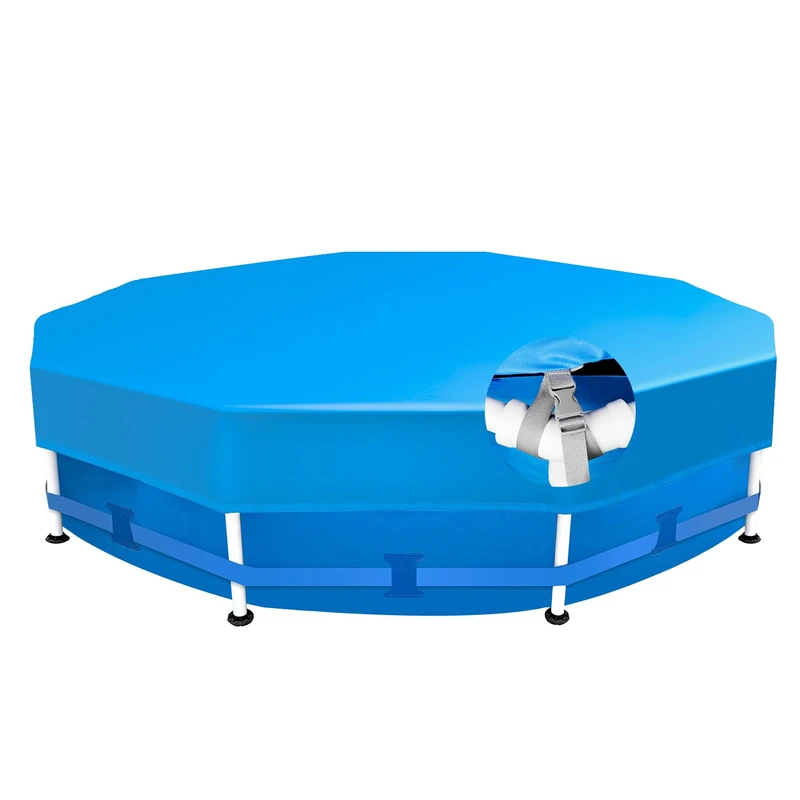 Sekey Round Pool Cover 244 cm - Suitable for Round Steel Frame Pools | Adjustable Buckles & Velcro Straps | Wind & Dustproof | Tear-Resistant High Density Tarpaulin | Blue