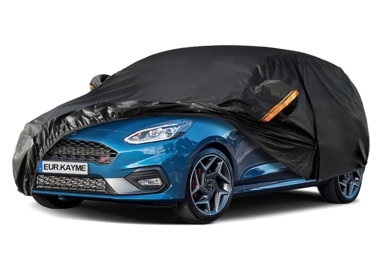 Kayme Hatchback Car Cover Waterproof Breathable, Outdoor Full Cover Rain Sun Dust All Weather Protection with Zip and Cotton Lined, Fit Ford Fiesta, VW Polo, 208, Corsa, Yaris.(Up To 415cm) Black