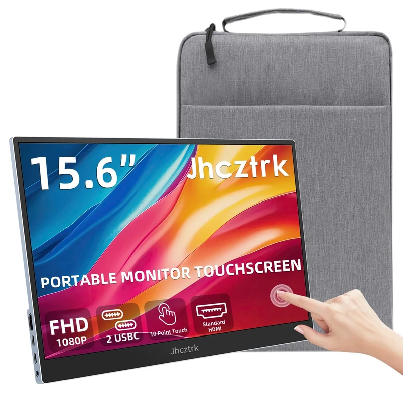 Jhcztrk 15.6 Inch Touchscreen Portable Monitor, Full HD 1080P Ultra-thin Metal Bezel 100% sRGB USB C External Monitor with Dual Speakers for Laptop PC Mobile Mac Xbox PS4/PS5