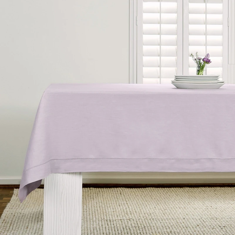 Solino Home 100% Pure Linen Tablecloth Lilac, Classic Hemstitch 60 x 132 in