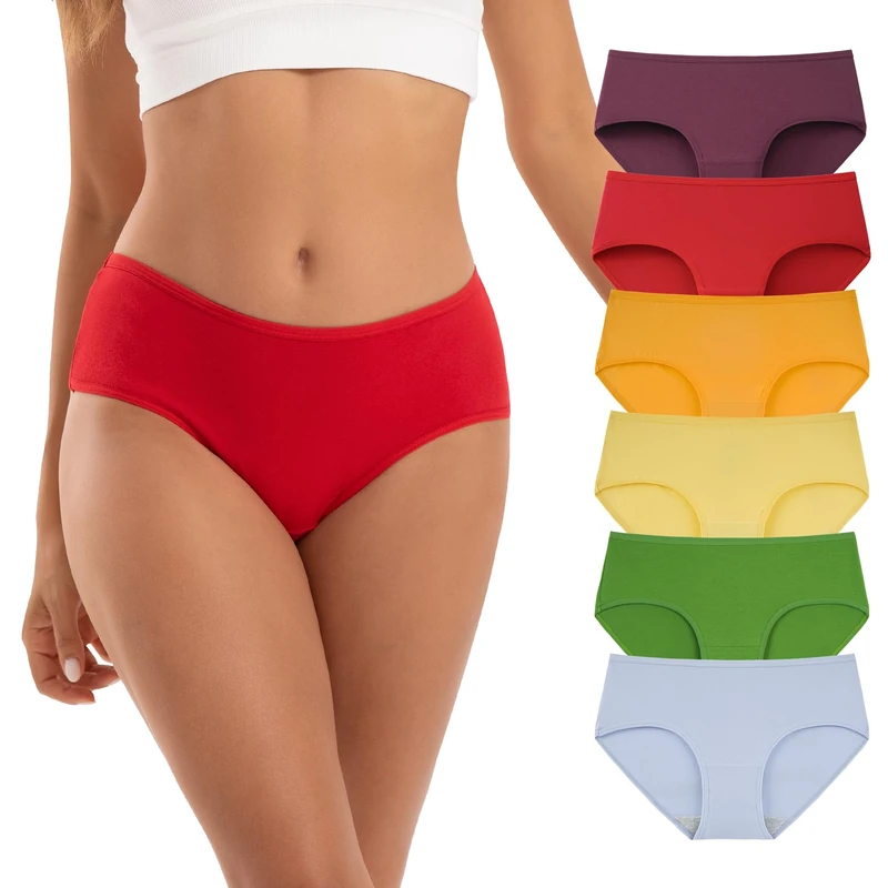 INNERSY Knickers for Women Breathable Cotton Underwear Mid Rise Briefs Basic Pants Pack of 6 (12, Red/Purple/Blue/Green/Yellow/Orange)