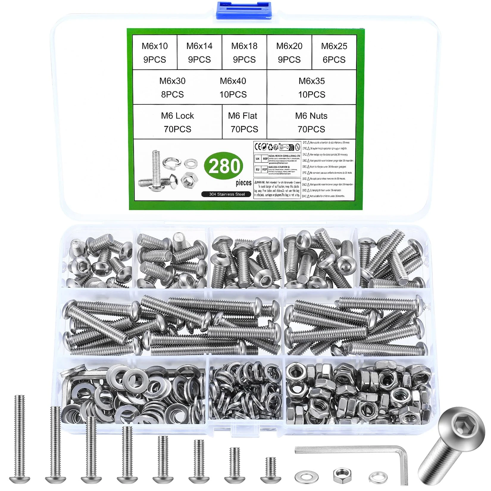 280 Pcs M6 Screws Set, M6 and Nuts, Assorted Nuts and Bolts Set, Hex Socket Head Cap Screws Bolts and Nuts Set with Washers, Pan Head Round Machine Assortment Kit
