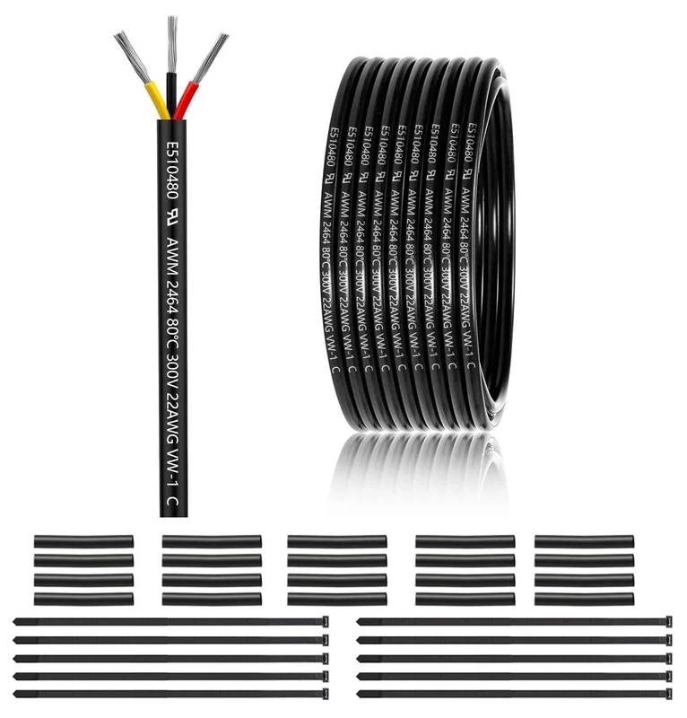 22 AWG 3×0.3mm² 3 Core 12V 24V Electrical Wire 50FT/15M, 22 Gauge 3 Conductor Wire Cable Stranded Tinned Copper PVC 22/3 Wires for LED Strips Lighting, Outdoor Cable, Automotive, CE Listed