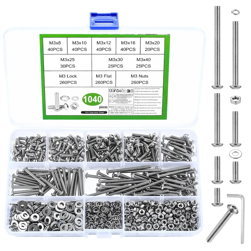 1040 Pcs M3 Screws Set, M3 Bolts and Nuts Set, Assorted Nuts and Bolts Set, Hex Socket Head Cap Screws Bolts and Nuts Set with Washers Set, Pan Head Round Machine Assortment Kit