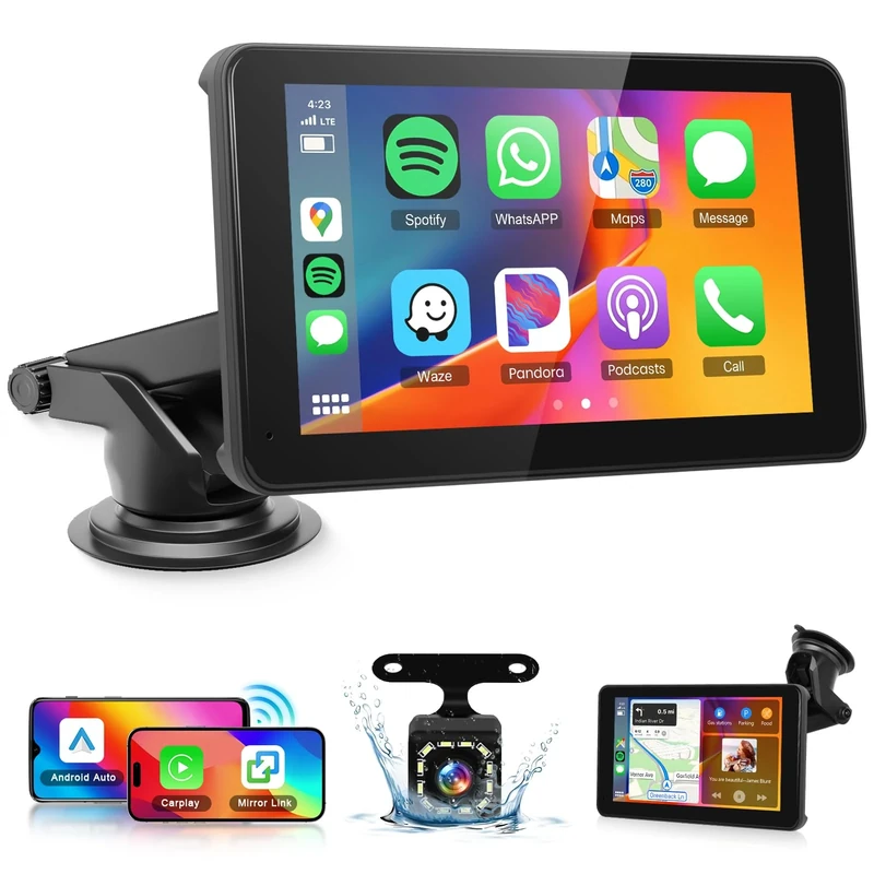 Wireless Carplay Android Auto Screen Portable Car Stereo, Hodozzy 7 Inch HD IPS Touch Screen Car Radio with OTA SuperLink/Mirror Link/Bluetooth/Voice Control/AUX/FM Transmitter+HD Backup Camera