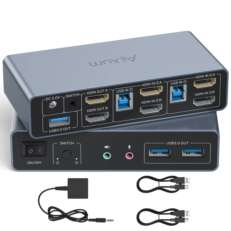 Alxum HDMI KVM Switch 2 Computers 2 Monitors with Audio and Microphone - USB KVM Switch 4K 60Hz Support Extend/Mirror Mode Include Desktop Control