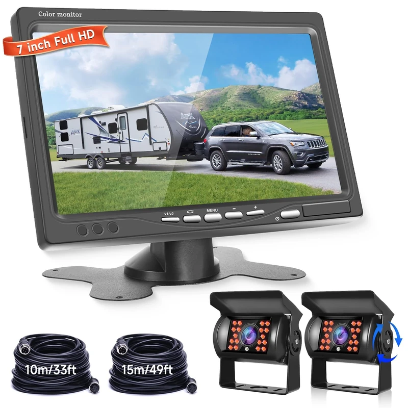Reversing Camera Kit, Hodozzy Backup Camera with 7" HD Monitor+2 Cameras+15m/49ft Cable+10m/33ft Cable, DIY Parking Line Image Flip Night Vision Waterproof Rear View Camerafor Van Car RV Bus Pickup