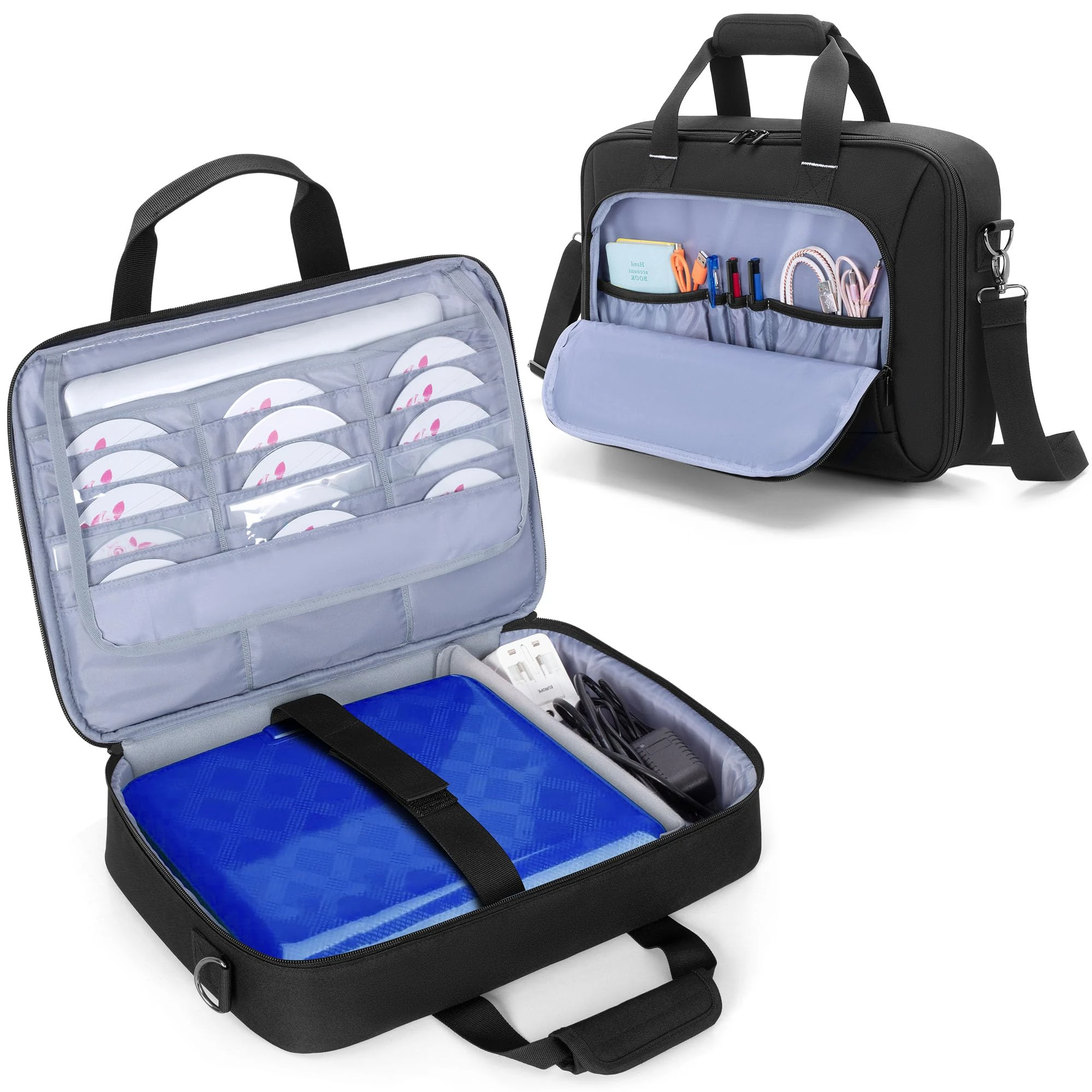 Rexmica Travel Carrying Bag for 14.1-17.5 inch Portable DVD Player, Portable DVD Player Storage Case Bag with Laptop Sleeve, 15 DVD Storage Pockets, Front Accessory Pocket, Black (Patented Design)