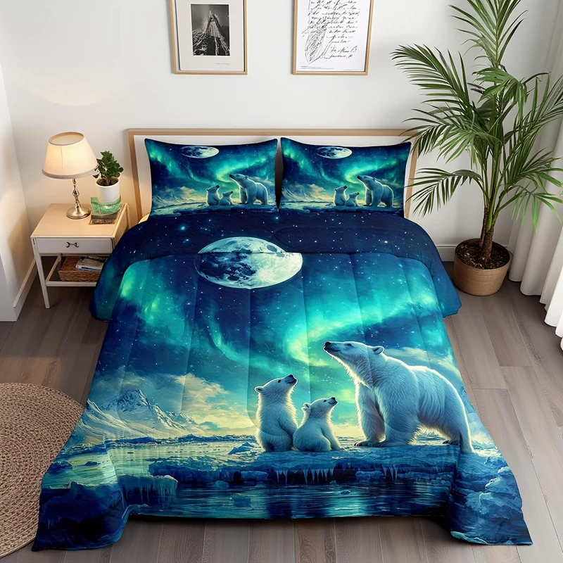 Castle Fairy Aurora Kids Full Comforter Sets,Polar Bear Arctic Animals Reversible Bedding Set for Boys Men Children,Dreamy Galaxy Sky 3 Pieces Quilt Sets,Mystery Moon Sky Duvet Insert,2 Pillow Cases