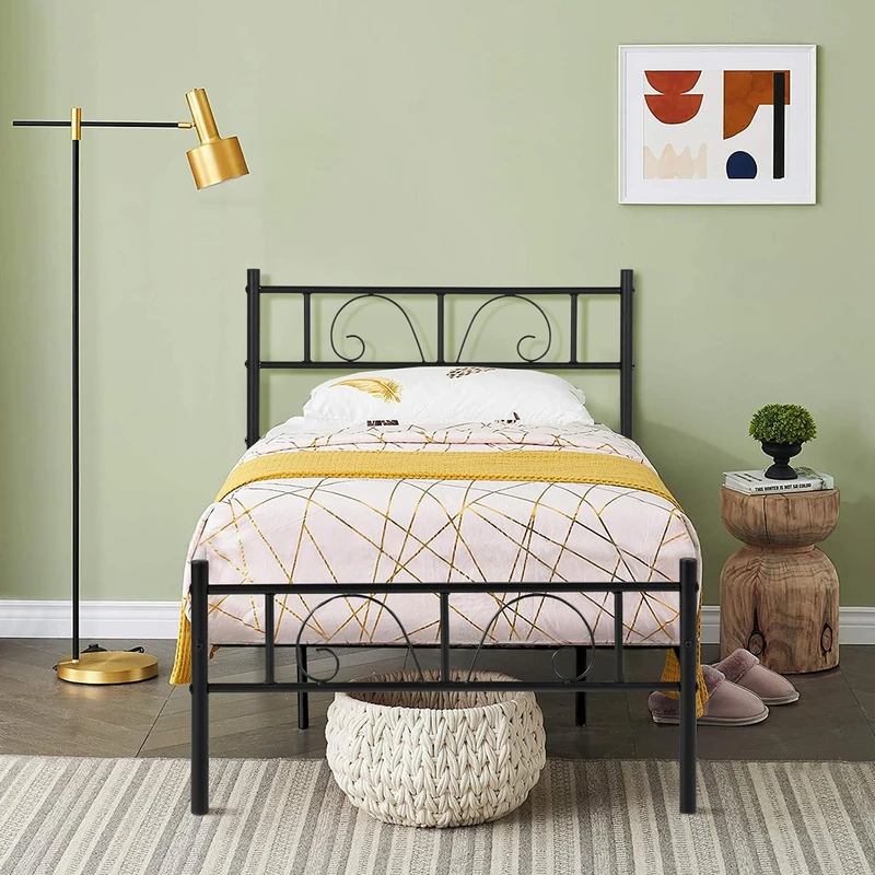 FurnitureR Single Bed frame - Bed 90x190 cm - 28 cm Height with Underbed storage - Metal Platform Bed frame with Headboard and Footboard - Black