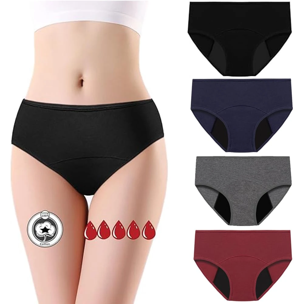 flintronic Period Panties, 4PCS Absorbent Leak Proof Panty Pants, Heavy Flow 30ML Menstrual Knickers, Cotton Menstrual Briefs for Women, Absorbent and Reusable (M)