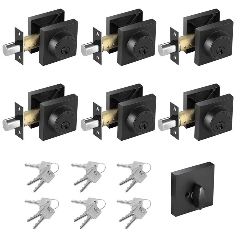 Matte Black Square Single Cylinder Deadbolt Lock, 6 Pack, Home Security Door Lock, Front Door Deadbolt for Office, Keyed 1 Side
