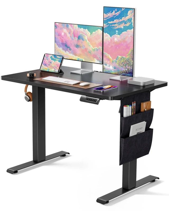 Marsail Standing Desk Adjustable Height, Electric Standing Desk with Starage Bag, Stand up Desk for Home Office Computer Desk Memory Preset with Headphone Hook, Black,100 x 60 cm