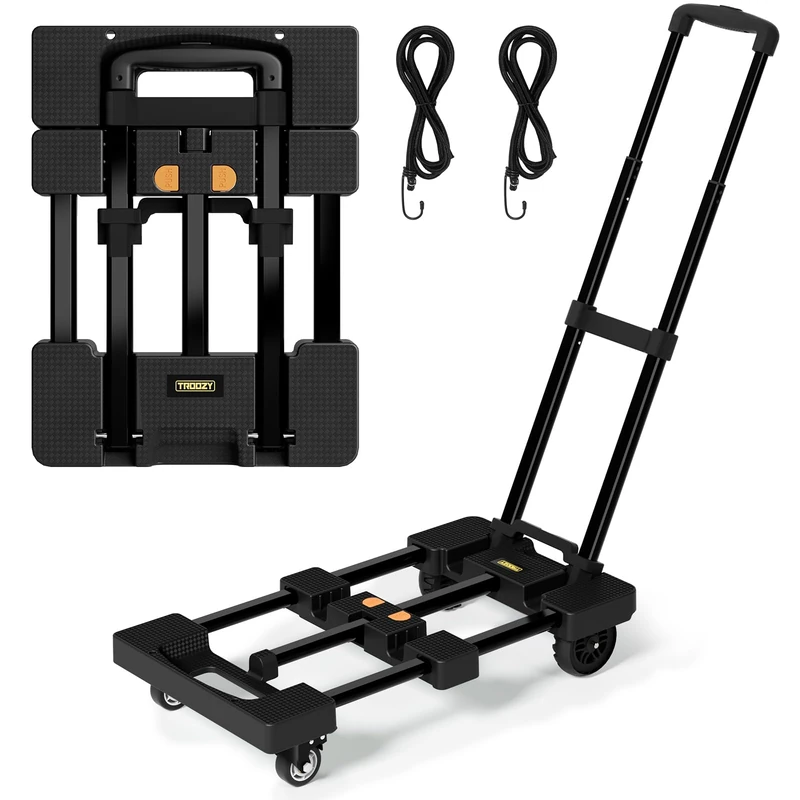 TROOZY Folding Hand Truck, 26" Max Extendable Dolly Cart with 6 Casters (2 with Brake) & 2 Elastic Ropes, 500 LB, Utility Platform Cart for Daily Work, Grocery Shopping, Garden,Luggage & Camping,Black