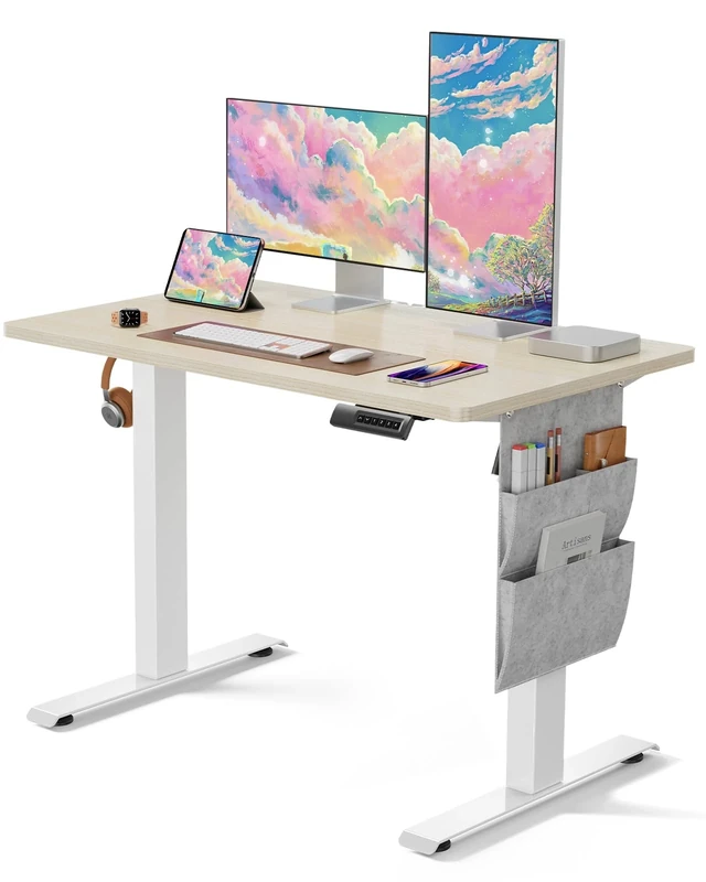 Marsail Standing Desk Adjustable Height, Electric Standing Desk with Starage Bag, Stand up Desk for Home Office Computer Desk Memory Preset with Headphone Hook, Beige,100 x 60 cm