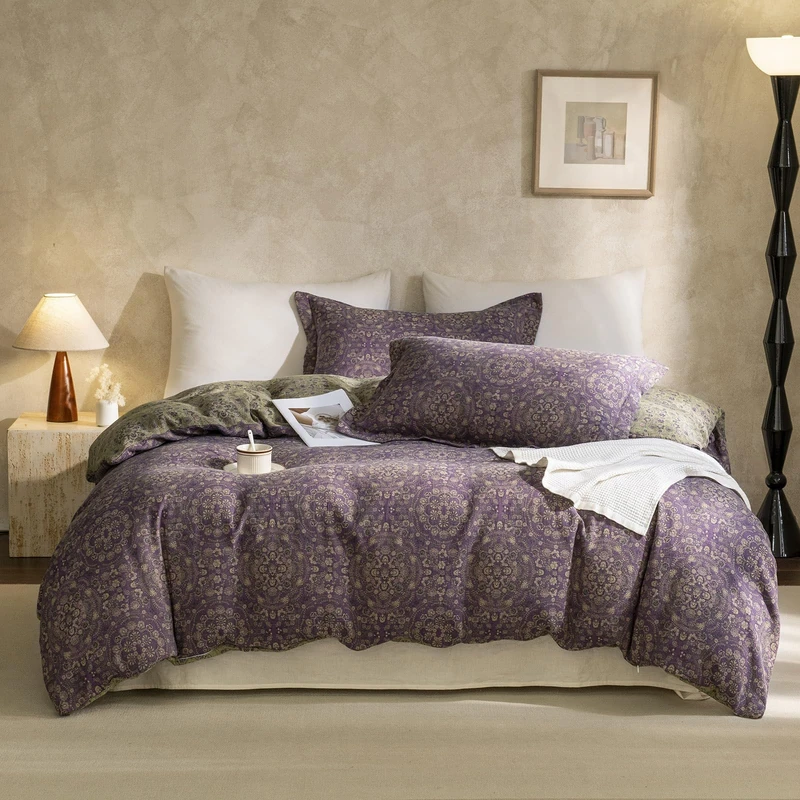 Full Duvet Cover Set Purple Green Floral Duvet Cover Exquisite Jacquard Flower Bedding Set Boho Medallion Vintage Floral Comforter Cover Linen Cotton Yarn-Dyed Textured Duvet Cover with Zipper Ties