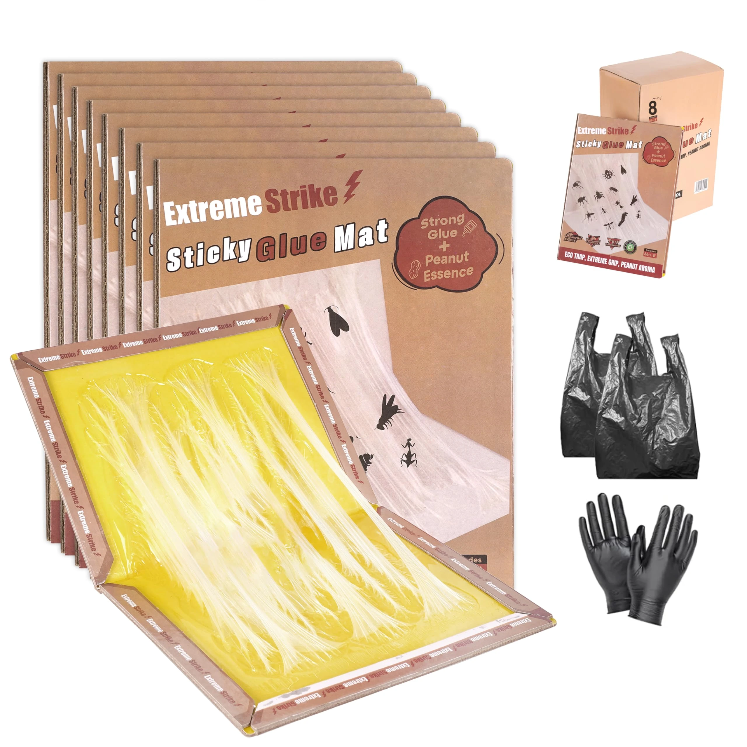 EXTREME STRIKE Pest Sticky Pads With Gloves & Garbage Bags Large Extra Strong Glue Sticky Fly Catchers for Indoor, Outdoor, Kitchen, Garage (pack 8)