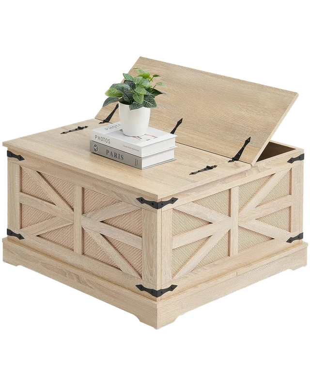 VEVOR Rattan Coffee Table, Rectangle PE Rattan Woven Wood with MDF Top, 32-Inch Modern Boho Style Storage Coffee Table with Retro Metal Hinges, for Living Room, Bedroom & Small Spaces