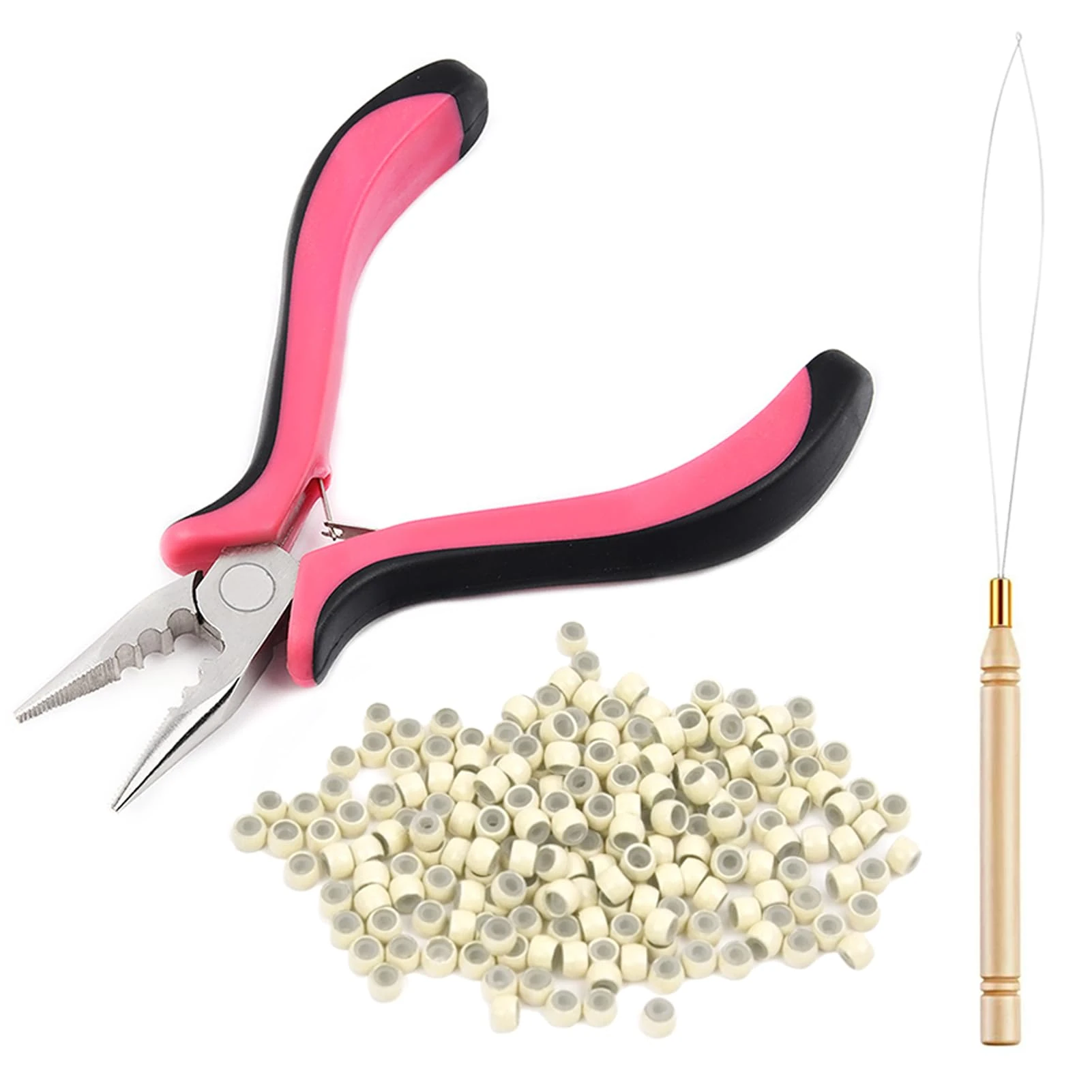 Vlasy Hair Extensions Pliers Kit with 3-Hole Pliers, Loop Needle Threader and 100Pcs 3.0mm Silicone Lined Nano Rings for Hair Tinsel (Blonde)