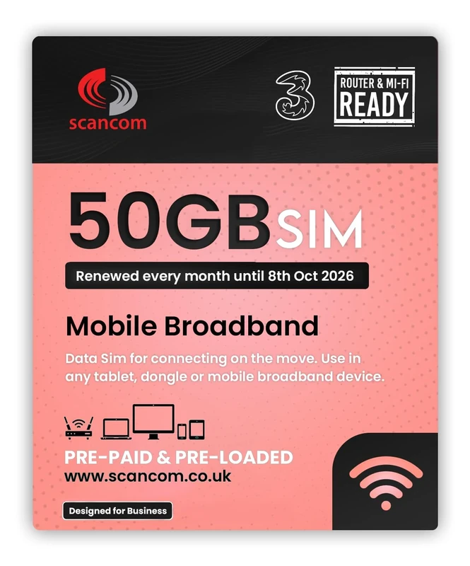 Three 50GB Data SIM - Uncapped 5G - Preloaded MONTHLY Until October 2026 - Plug & Play for Routers & Phones - Access to Three & Vodafone - Connects to the Strongest Signal available