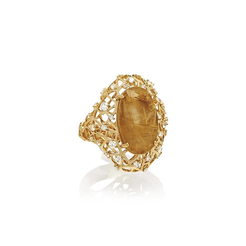 Hueb,18k Estelar Yellow Gold Ring With 0.63 Cts Vs-Gh Diamonds And Quartz,7