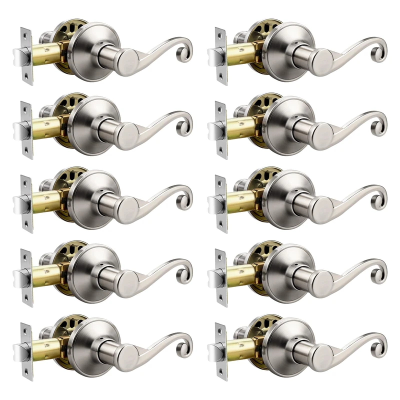 Lepushom Elegant Brushed Nickel Interior Door Handles for Closet and Hallway, 10 Pack Passage Door Handle Lever with Modern Style and Durable Finish