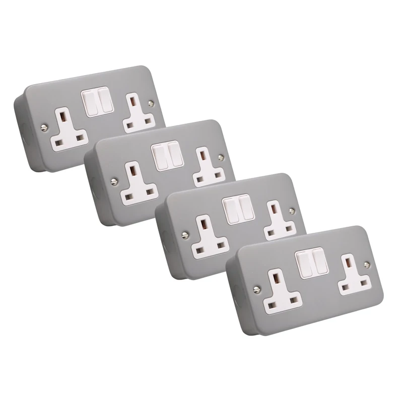SHPELEC® 13A Premium Switched Metal Clad Double Sockets 2 Gang BS Standard - Available in 1, 2, and 3 Pack Variations (4)