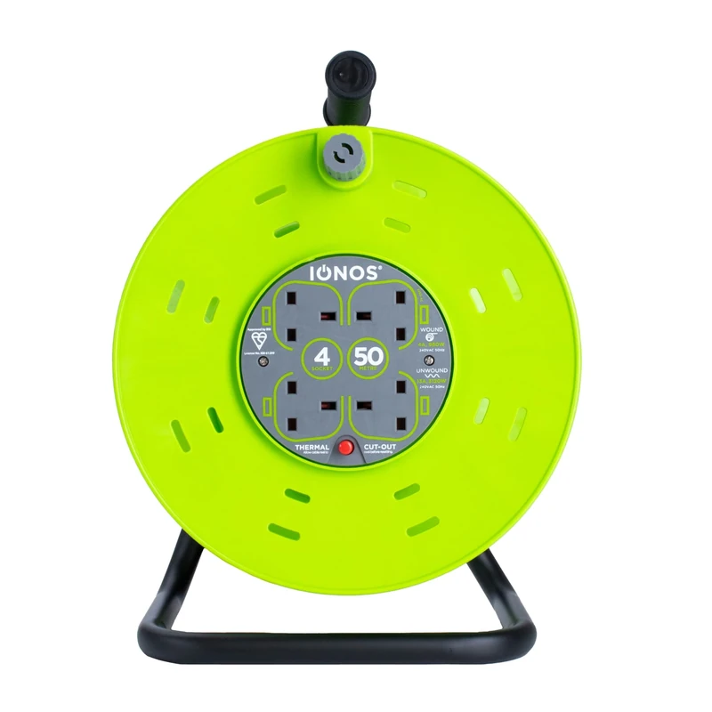 IONOS 4 Socket Cable Reel, 50m, Green, 13 Amp, Thermal Cut Out, Heavy Duty, Outdoor Extension Lead, Ideal for Garden, Workshop, DIY, Power Tools (ION50M13ACR1)