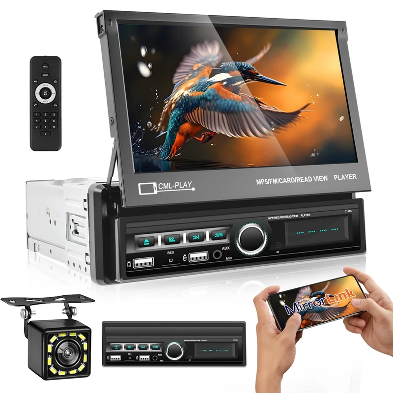Single Din Car Stereo 7 Inch Automatic Flip Out Touch Screen Car Radio with Phonelink,Car MP5 Player Bluetooth FM Car Stereo 1 Din Support USB/AUX/Mirror Link/SWC/AUX In+BackUp Camera