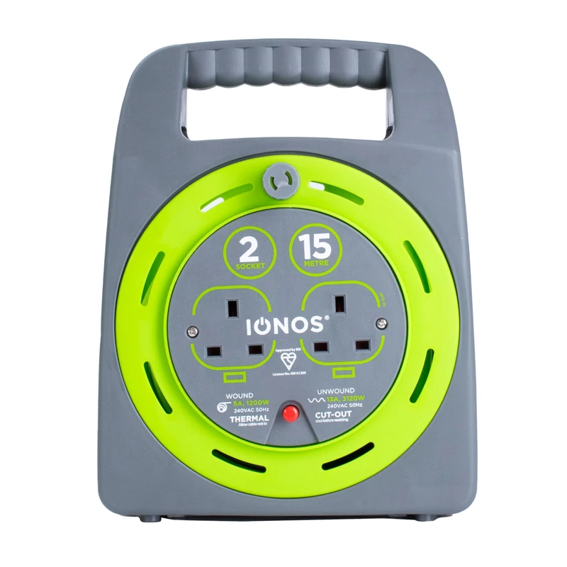 IONOS 2 Socket Cable Reel, 15m, Green, 13 Amp (ION15M2SHBCR2)
