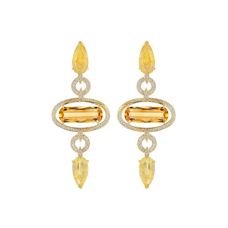 Hueb,18k Onsa Yellow Gold Earring With 1.14 Cts Vs-Gh Diamonds And Citrine And Rutilated Quartz,ONE SIZE